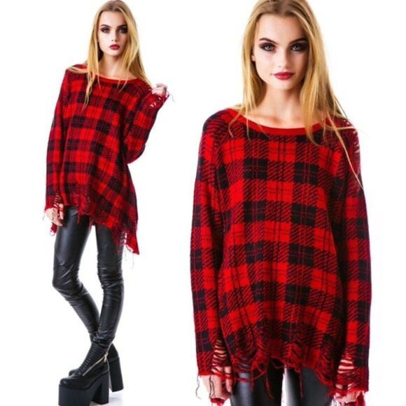 UNIF red black plaid knit Kurt distressed destroyed frayed round neck sweater - Picture 1 of 6